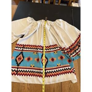 Emma Rose Cream Blue Geometric Off-Shoulder Ruffle Sleeve Tunic Blouse 1XL
